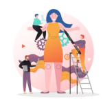 animação em que uma mulher gigante é analisada por pequenos homens que fazem desenhos em seu corpo