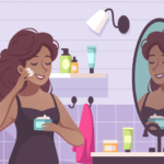 ilustração de mulher negra cuidando da saúde do rosto ao pasar cremes na pele facial