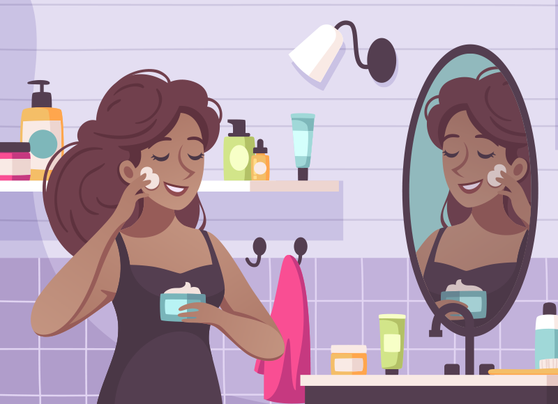 ilustração de mulher negra cuidando da saúde do rosto ao pasar cremes na pele facial