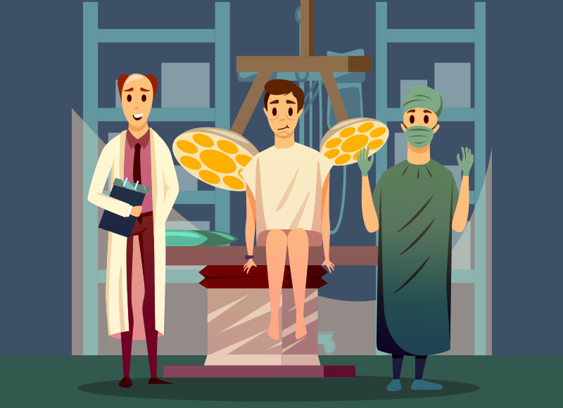 animação que mostra dois médicos e um paciente adolescente