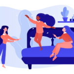animação que mostra três personagens femininos com as mãos para o alto